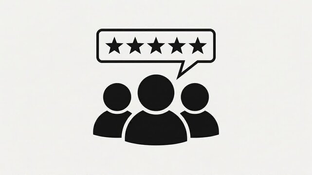 User rating icon featuring three people silhouettes with five stars in a speech bubble.