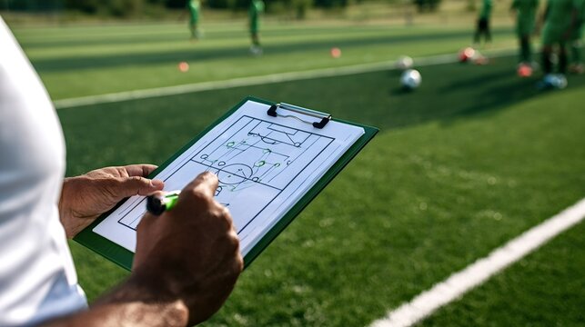 Soccer coach's hands holding a clipboard with a drawn strategy diagram, planning tactics for a football team during a training session on a green pitch