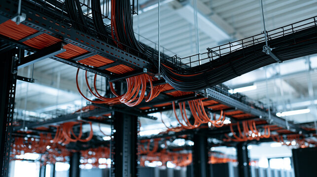 Data center server room with cable tray and network cables organized in bright interior technology concept engineering organization indoor with copy space