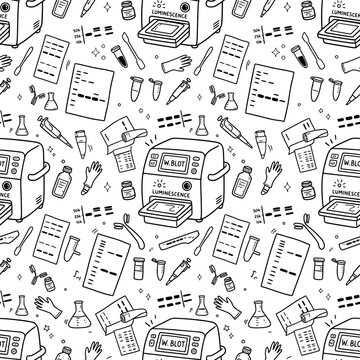 Doodle Science Laboratory Pattern: Gel Electrophoresis, Luminescence, Pipettes, Gloves