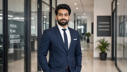Fototapeta premium Bearded man in navy suit standing confidently in a modern office corridor with glass doors and motivational signage