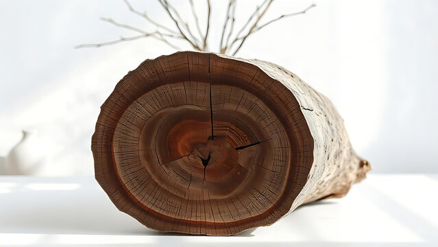 Tree trunk cross section with large burl and cracked rings, organic home decor concept