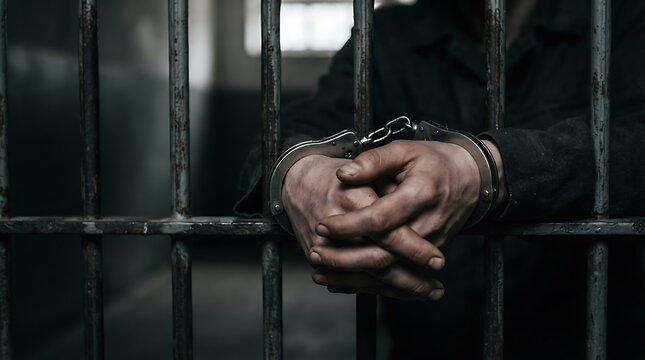 Closeup of a prisoners hands in handcuffs behind metal prison bars