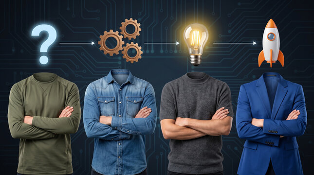 IT project management workflow concept featuring team members representing different phases of digital business transformation