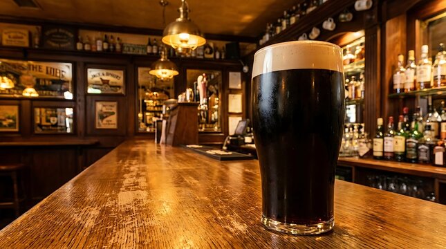 A pint of dark stout beer on wooden counter in traditional irish pub