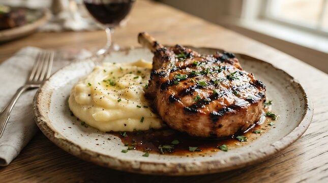 Grilled bonein pork chop served with creamy mashed potatoes and herbs