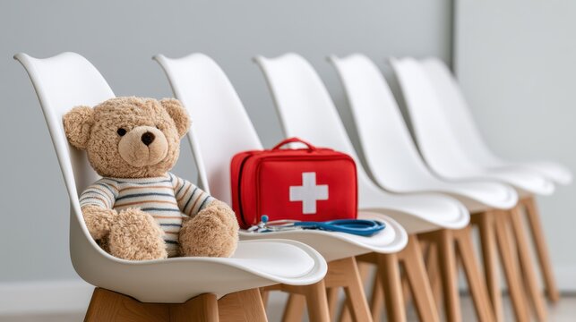 A teddy bear and a red first aid kit sit on white chairs in a waiting room, suggesting a pediatric or child-friendly medical environment.
