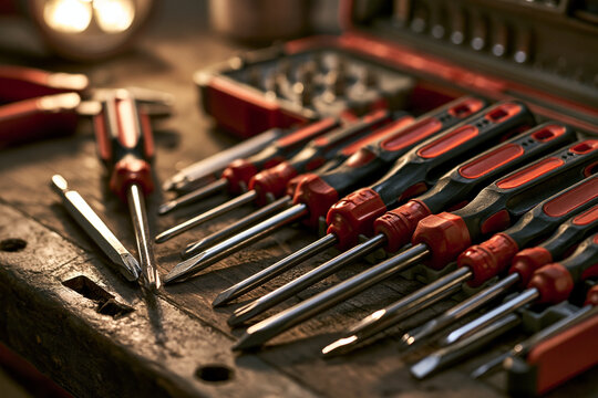 Set of Screwdrivers on a Wooden Workbench