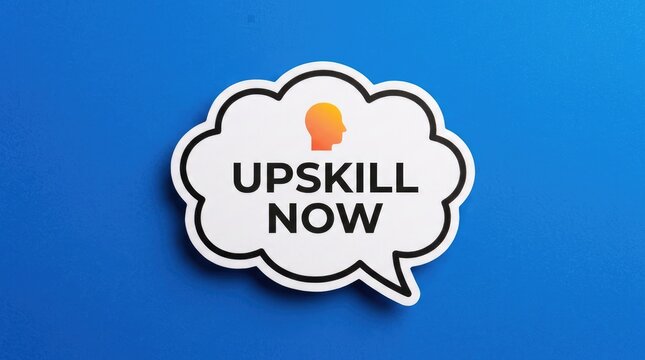 White speech bubble with bold black text that says upskill now featuring a vibrant orange human head icon placed centrally against a solid bright blue textured paper background surface backdrop.