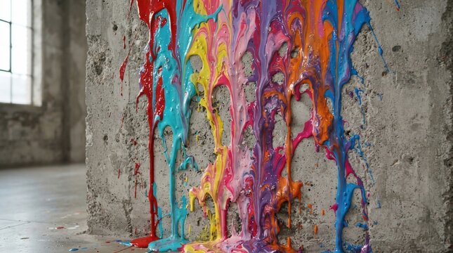 Vibrant liquid paint streams down concrete surface abstract colorful flow