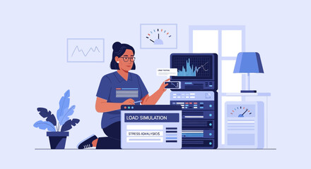 Fototapeta premium Woman performing server load simulation for network optimization and performance monitoring