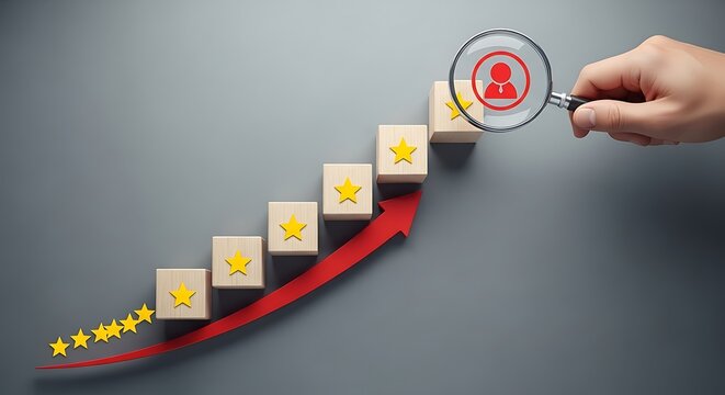 Human resources recruitment concept, magnifying glass focusing on candidate icon, wooden blocks with star rating and growth arrow