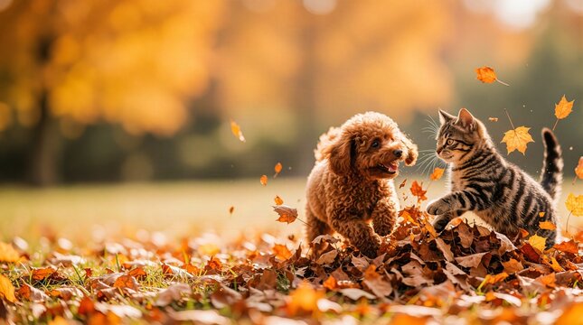 Dog and cat playing together among colorful autumn leaves