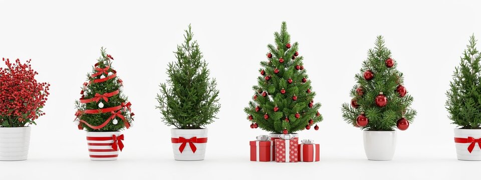 Row of six potted christmas trees with red ornaments and gift boxes