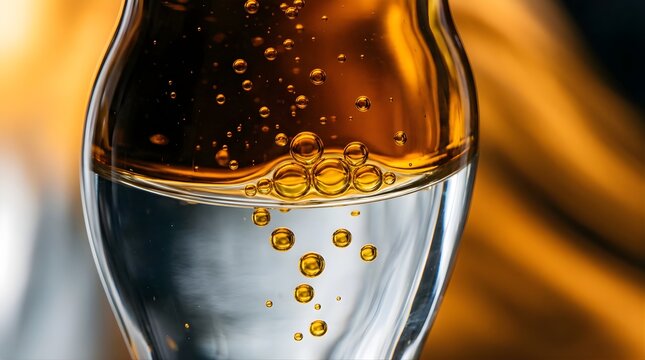 Close-up of golden oil and water droplets mixing in a glass container