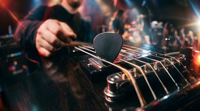 Close-up of a guitar player using a pick on stage during a live concert