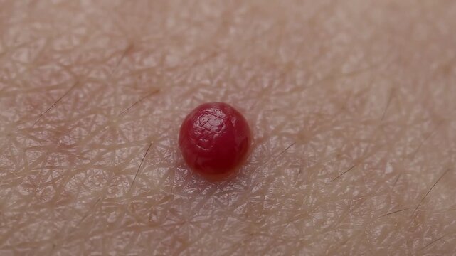 A bright-red cherry angioma spot on skin, clinical macro, neutral