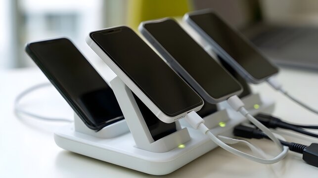 Four smartphones charging on a white multi device dock with indicator lights under bright natural light