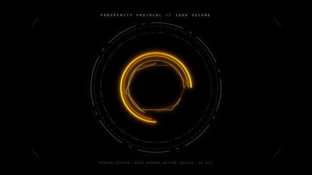 Futuristic Glowing Gold Mining Protocol HUD Interface Element with Circular Scanning Animation