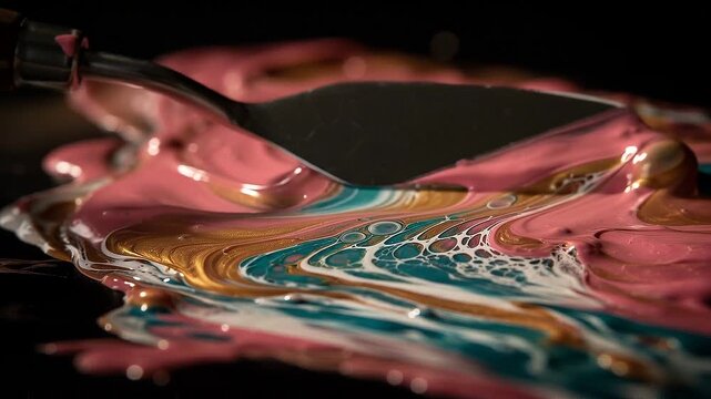 Palette Knife Swiping Through Layered Fluid Acrylic Paint Revealing Cells and Lacing, Extreme Macro Slow Motion Side Angle on Matte Black Surface