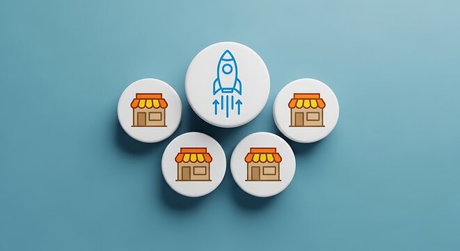 Business startup rocket icon on white blocks. Small business growth and franchise expansion concept. Blue background with 3D cubes.