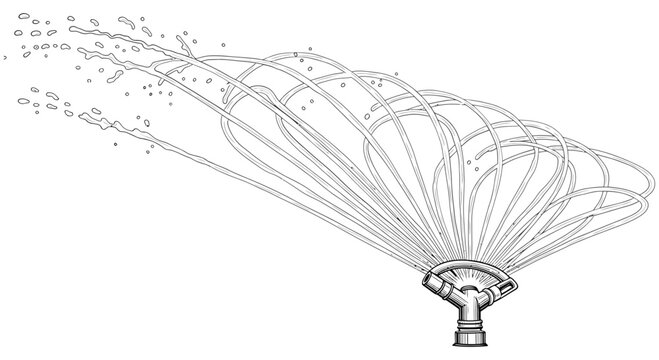 Detailed black and white vector illustration of a garden water sprinkler spraying liquid cooling streams