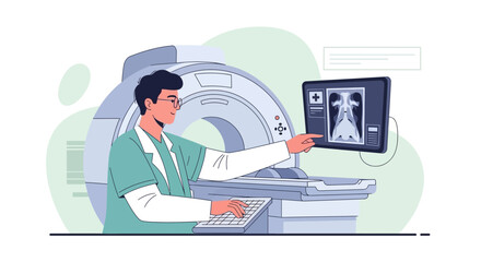 Fototapeta premium Doctor reviews CT scan on monitor next to MRI machine, medical illustration