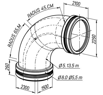 Detailed industrial technical drawing of a curved pipe fitting showing precise measurements in black white lines