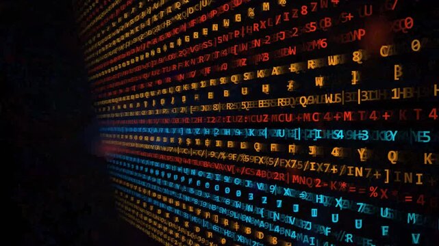 Abstract data wall with moving code in dark background.