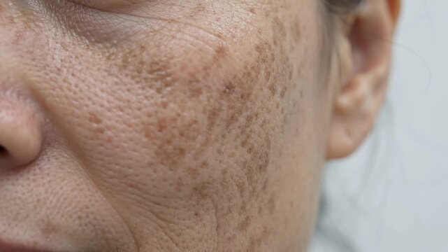Melasma pigmentation patches across a woman's cheekbone, even clinical