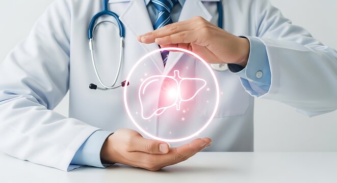 Medical liver health concept with doctor holding glowing organ icon. Healthcare professional protecting liver anatomy. Hepatology and liver disease prevention.