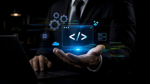 Low-code and no-code development and programming concepts by presenting virtual coding, AI automation, cloud computing, and software integration by professionals for efficient application development.