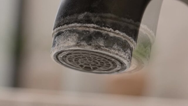 A matte-black bathroom faucet aerator crusted with white calcium
