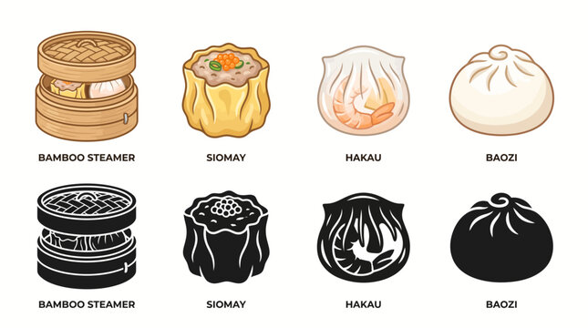 Chinese Dim Sum Icons Vector Set Featuring Bamboo Steamer, Siomay, Hakau, and Baozi in Color and Black Designs