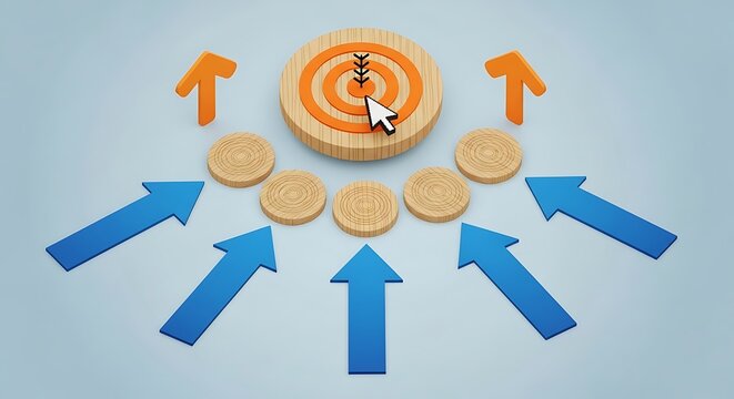 Business target bullseye with wooden coins and blue arrows, marketing strategy concept, financial growth and success goal