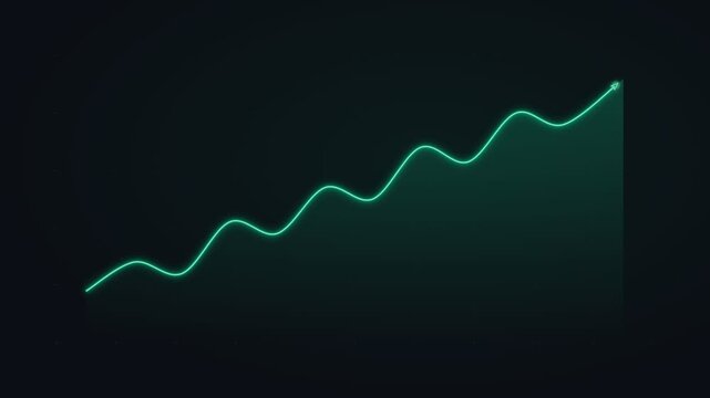 Industry standard single line financial uptrend chart animation featuring smooth green line path, tip arrowhead, clean dark grid, textless minimalist business viz design.