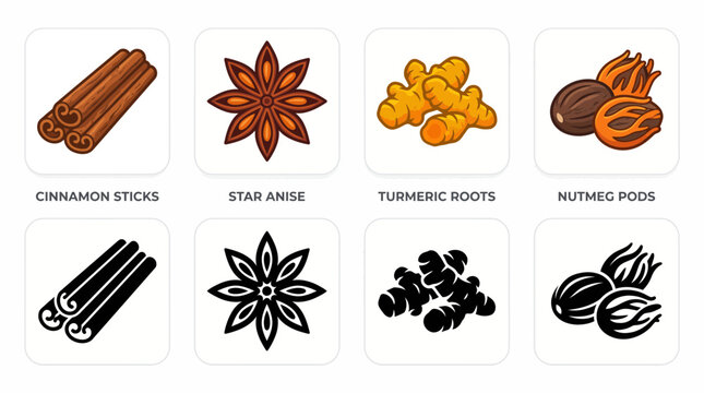 Collection of diverse spice icons including cinnamon, star anise, turmeric, and nutmeg in both color and outline styles