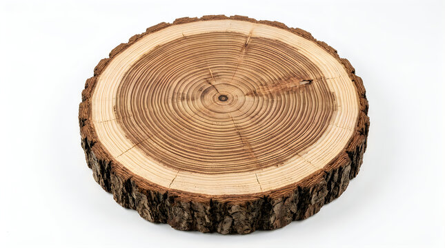 Cross section of a tree stump with visible growth rings on a white background