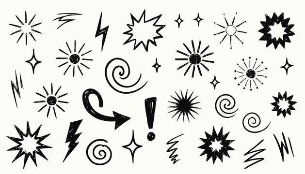 Hand drawn doodle stars and sparkles set on white background