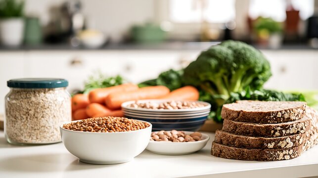 Lentils, oats, whole grain bread, broccoli and carrots displayed on a kitchen counter as fiber rich foods supporting gut microbiome and digestive health