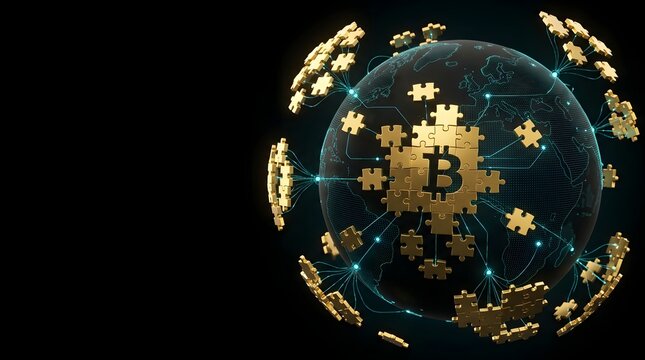 Golden bitcoin puzzle pieces forming a global network sphere representing cryptocurrency and blockchain technology