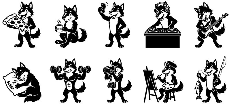 Collection of cartoon wolf characters enjoying various hobbies and everyday activities