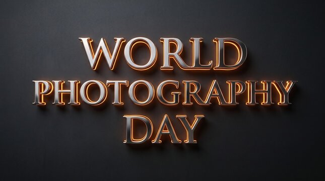 World Photography Day elegant 3d text, luxury gold and silver metallic lettering, premium holiday celebration banner