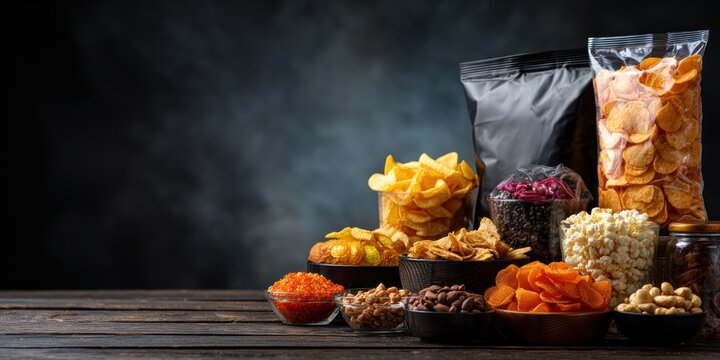 Variety of snack foods in bowls and packages on a dark wooden surface with copy space