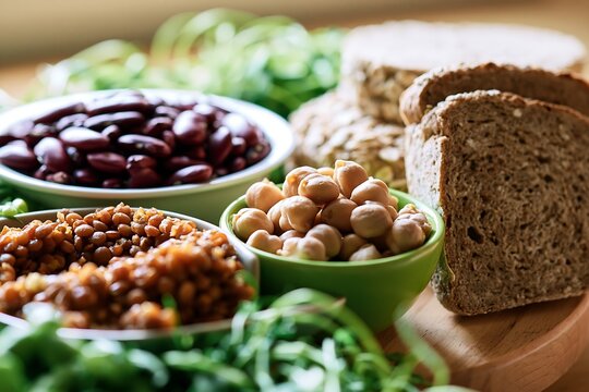 Chickpeas, kidney beans, cooked lentils and whole grain bread arranged with leafy greens, highlighting fiber rich plant foods for digestive and microbiome health
