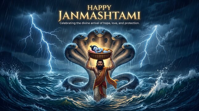 Happy janmashtami celebration featuring vasudeva carrying baby krishna across the river