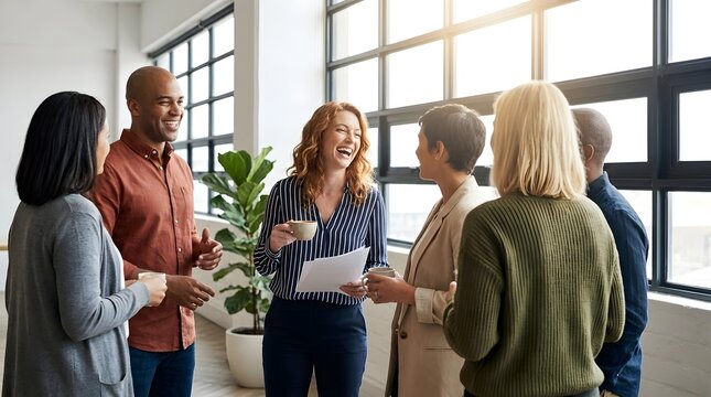 A diverse group of six business colleagues laughing and chatting during a casual meeting or break in a modern, sunlit office.