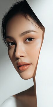 Womans face partially obscured by white paper dramatic lighting and shadows