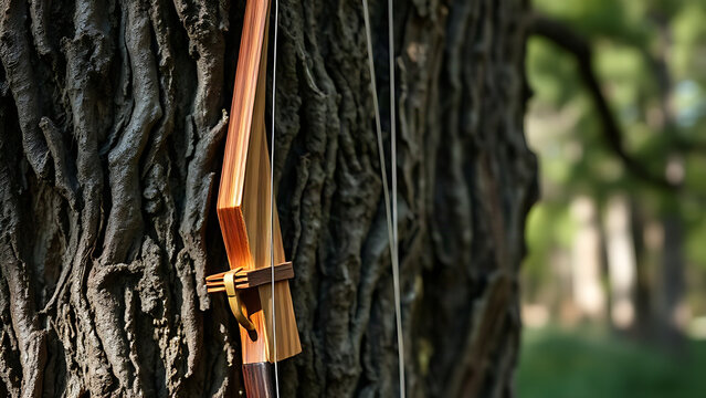 A finely crafted longbow leaning against an oak tree.