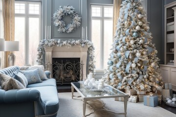 Fototapeta premium Living room featuring a christmas tree, fireplace, and sofa in festive blue and silver decor